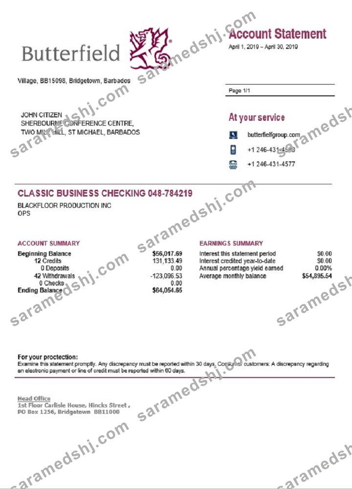 Barbados Butterfield bank statement